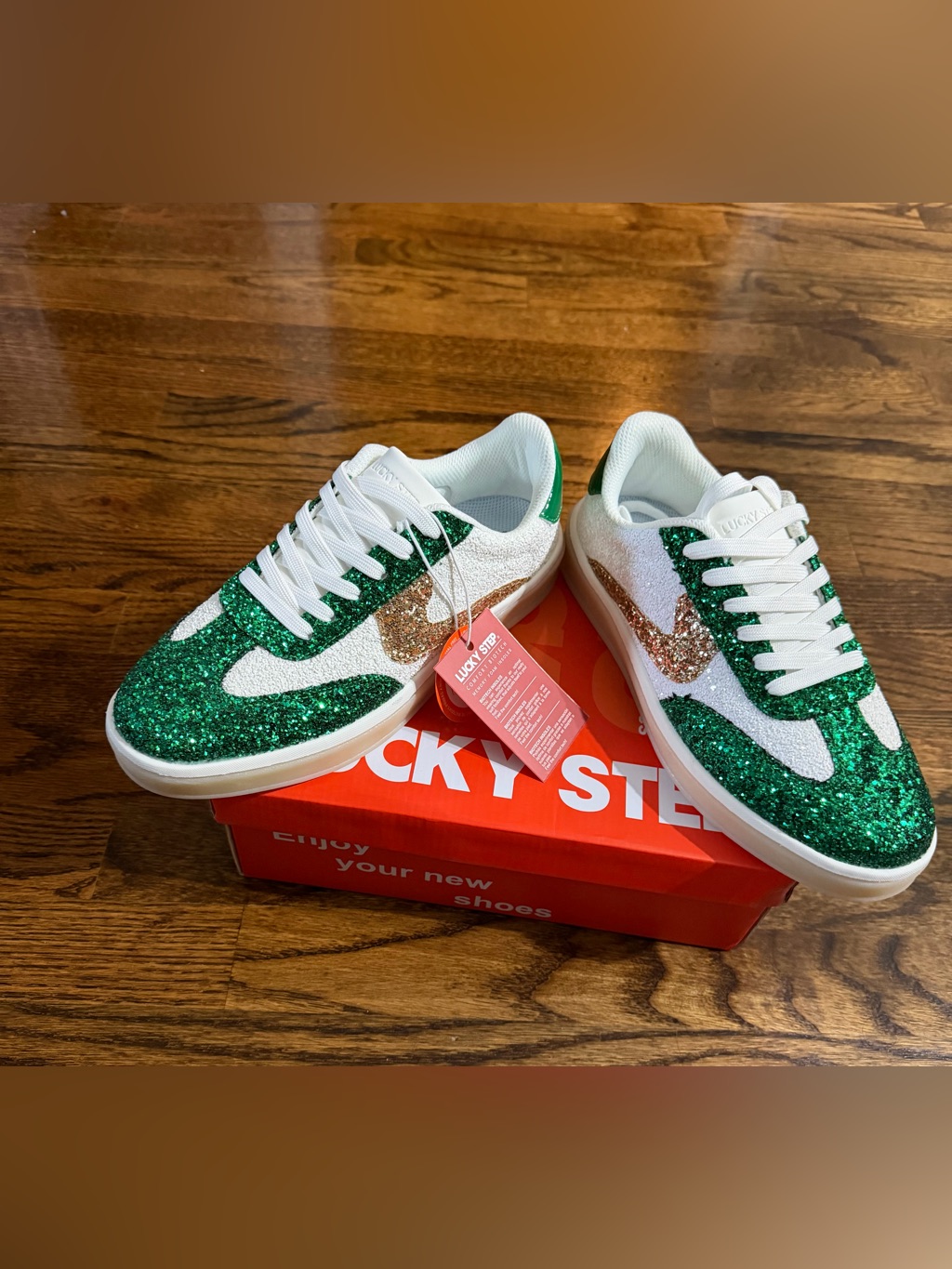 Lucky Step Brand New Green  White Glitter Sneakers With Gold Swoosh